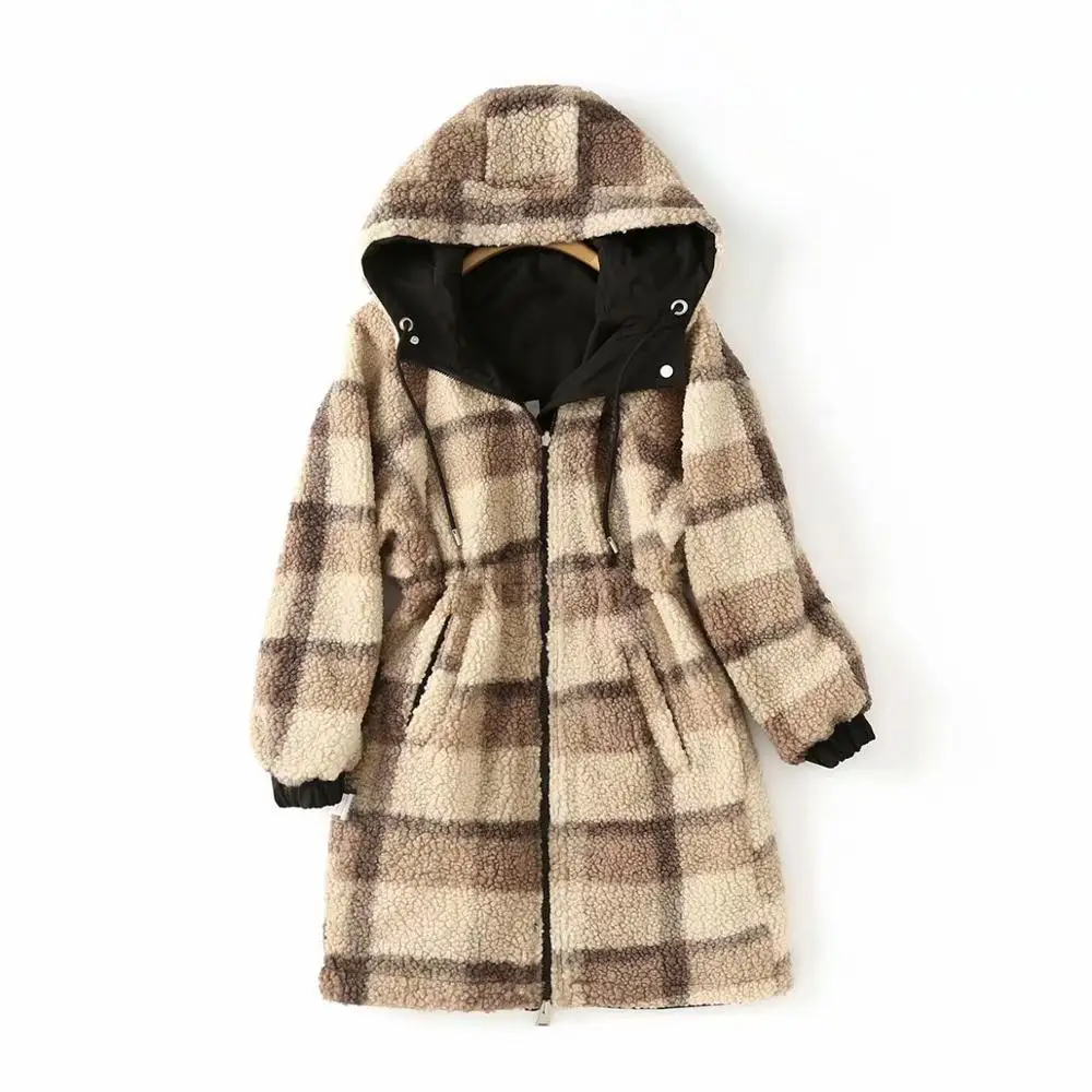 

New Winter Cotton-Padded Clothes Women Jackets Mid-Length Two-Sided Plaid Coats Ladies Loose Hooded Thick Cotton Cold Overcoat