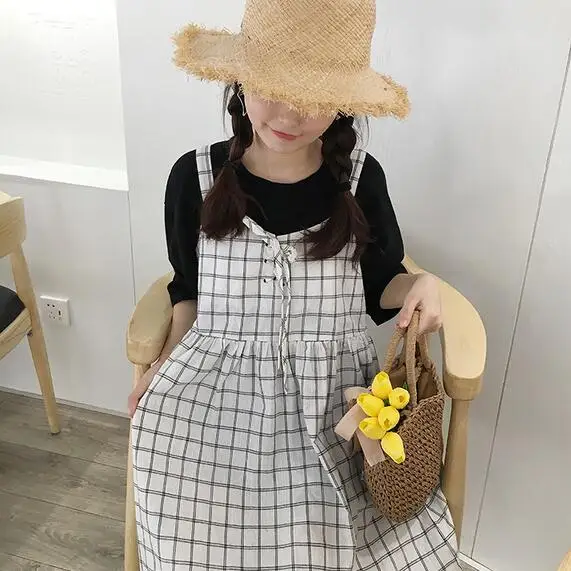 2020 женские летние милые клетчатые сарафаны на бретелях для студентов корейские