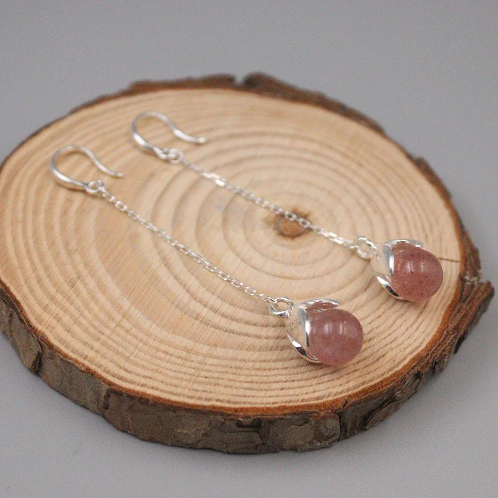 Серьги-подвески из настоящего серебра с бусинами розового кварца длиной 62 мм -