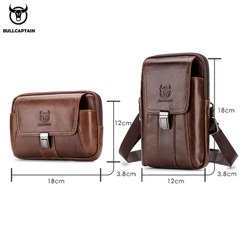 BULLCAPTAIN men's mobile phone waist bag multifunctional first layer cowhide horizontal and vertical models can wear a belt bag