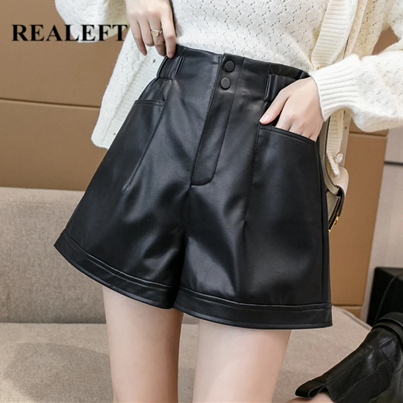 

REALEFT 2021 New Autumn Winter PU Leather Women's Shorts Button Stylish OL High Waist Pockets Casual Wide Legged Trousers Female