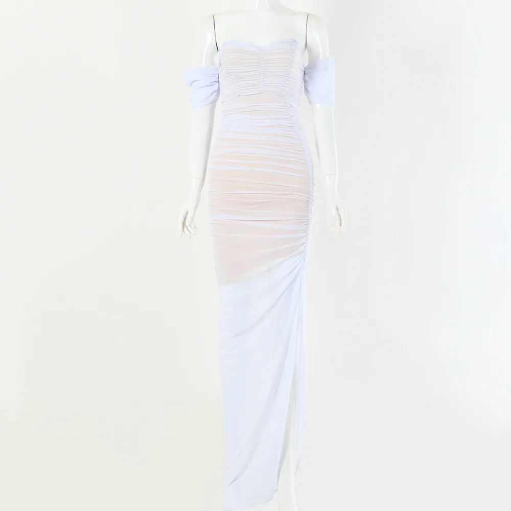 

Ruched Sheer Sexy Off The Shoulder Party Dress Women 2020 Strapless Slit Long Maxi Dress Summer Bodycon Club Wear Vestidos