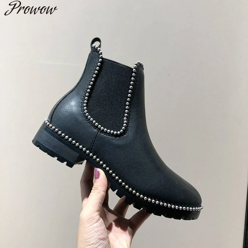 

Женские кожаные ботинки с заклепками Prowow, черные короткие ботинки с эластичным рукавом и круглым носком, на низком каблуке, без застежек, мя...