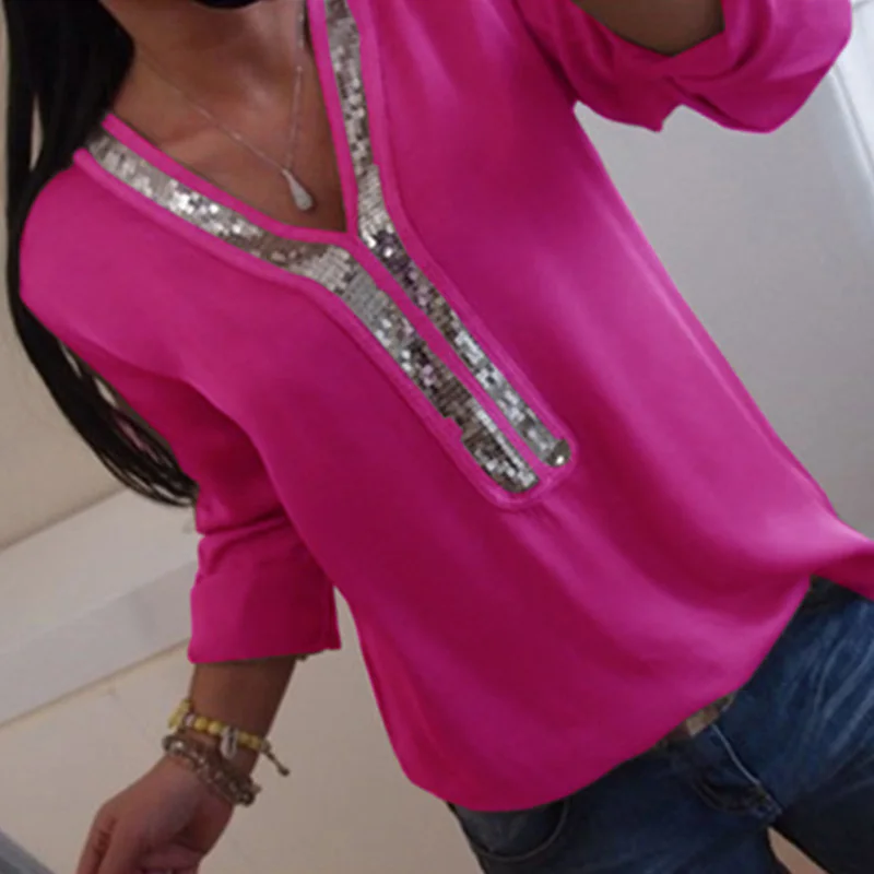 Блузка женская шифоновая с длинным рукавом и V образным вырезом|Рубашки| |