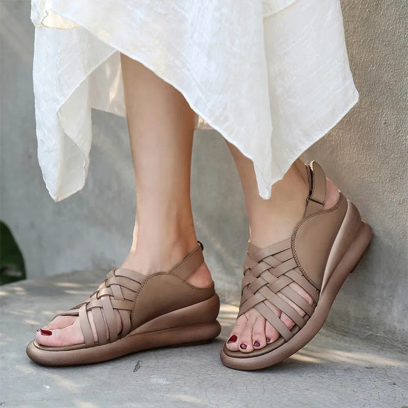 

YourSeason Genuine Leather Women Wedges Sandals Retro Summer Hook & Loop Ladies Casual Concise Platform Shoes 2021 New