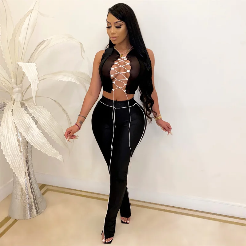 

Tie Front Top and Flare Pants Matching Sets Women Sleeveless Fashion Bodycon Hollow Out Sexy Patchwork Two Piece Outfits