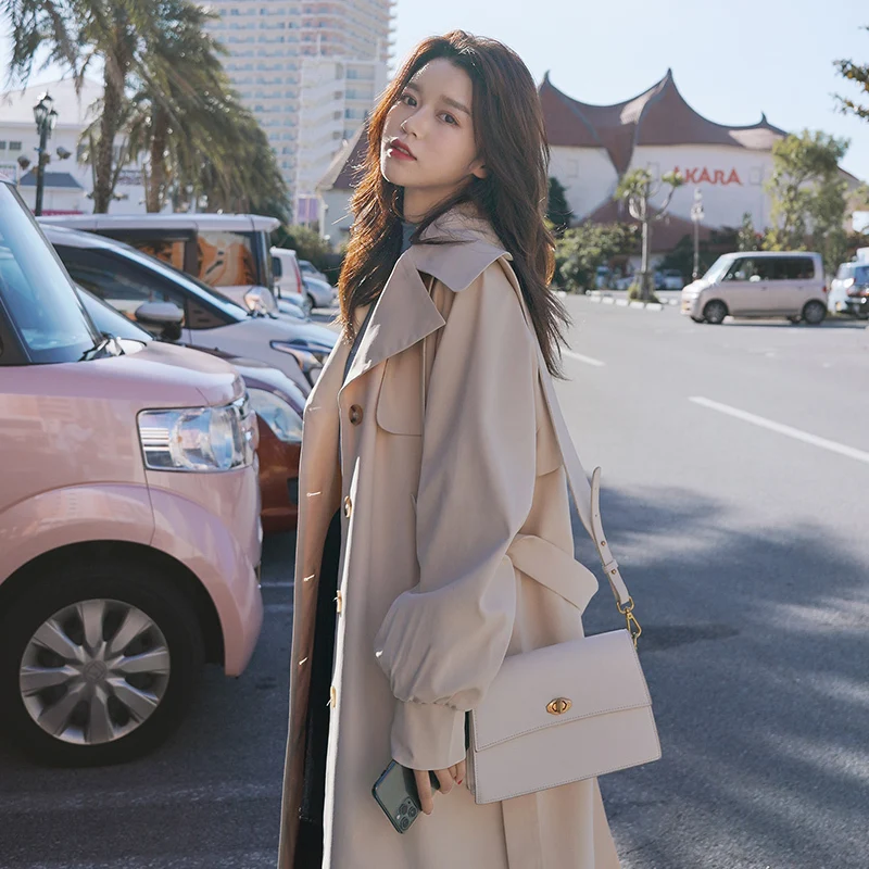 

Mid-length Black Trench Coat Plus Sashes Spring Autumn 2021 Women Apricot Pink Corta Vento Feminina Windbreaker Casual Fashion