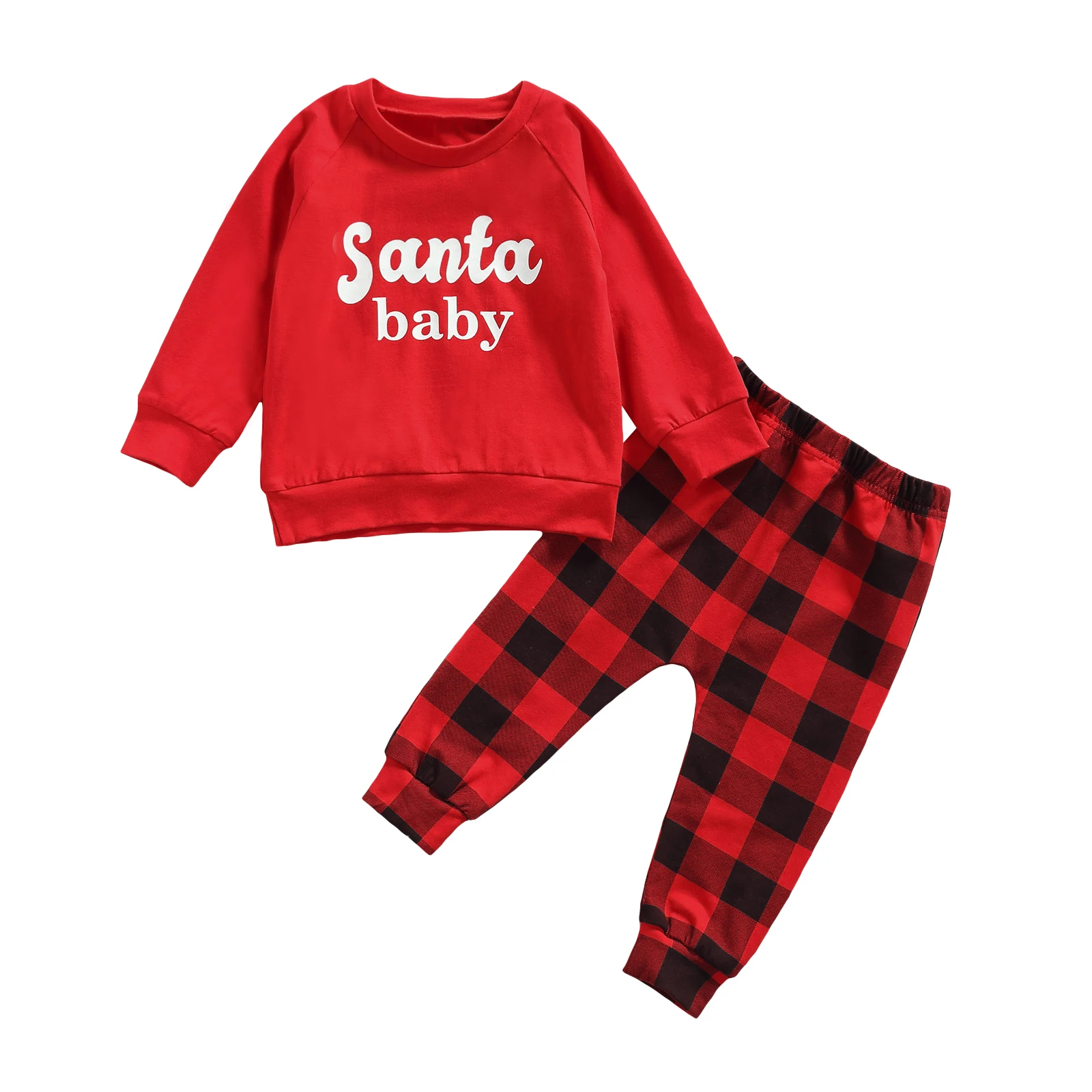 

Autumn 2Pcs Toddlers Christmas Outfits, Letters Print Long Sleeve Sweatshirt + Plaid Casual Pants for Baby Girls, Boys 0-3 Years