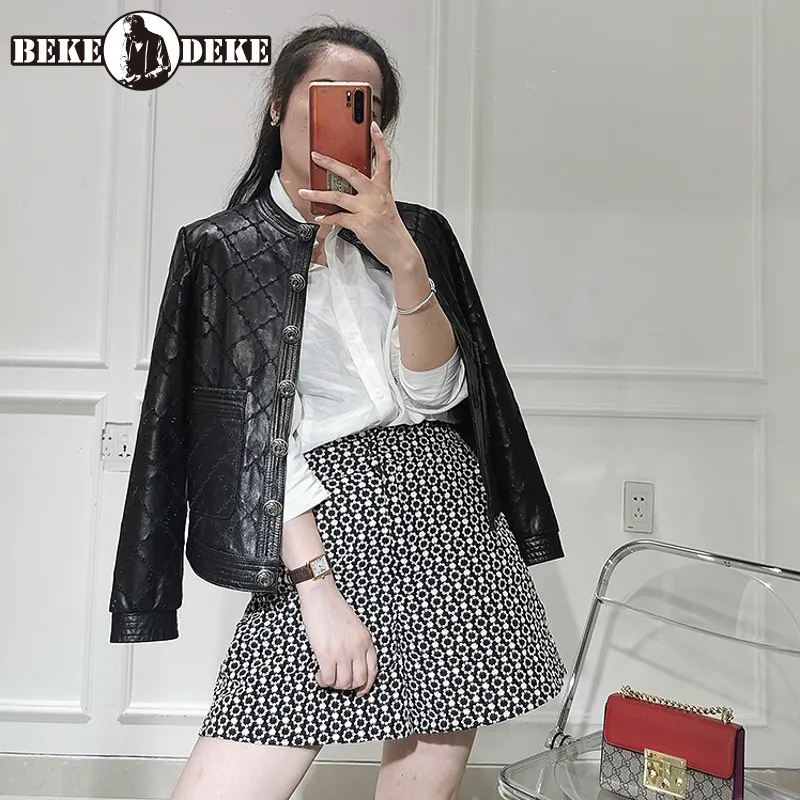 

High Quality Womens New Short Slim Genuine Leather Jackets Office Lady Single Breasted Diamond Lattice Design Sheepskin Coat