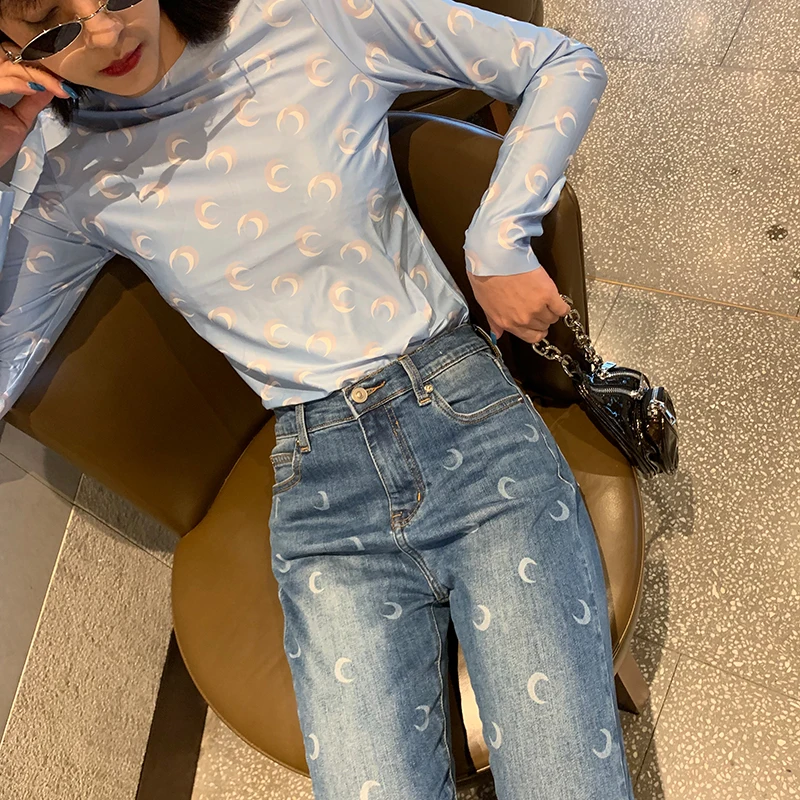 Fashion Classic Trendy Brand Luxry Design Moon Print Embroidery Ankle-length Pants Jeans Women Straight Pants M2