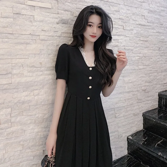 

2021summer New French Retro Sexy V-neck Long Black Dress Temperament Waist-Controlled Short Sleeve Dress for Women