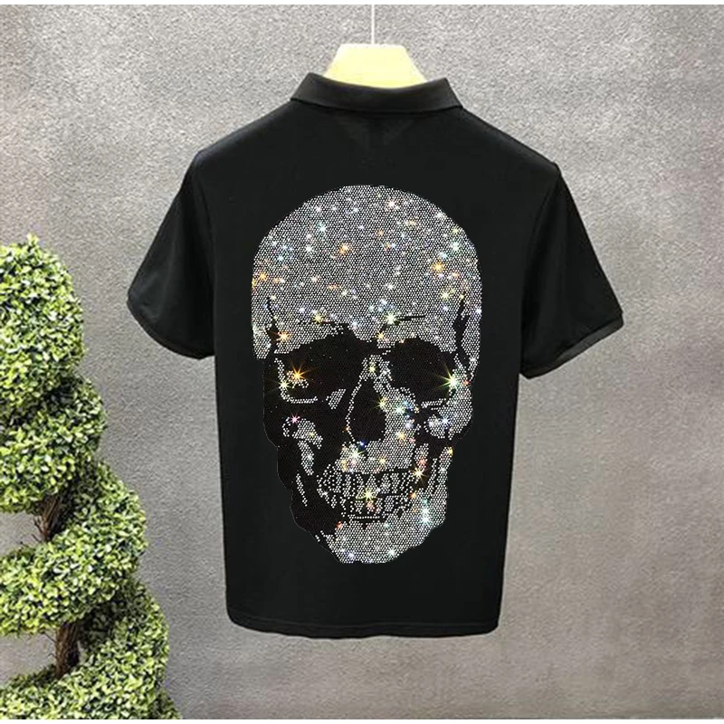 

POLO Shirt is Suitable For Men's Spring White Lapel Short Sleeve 2021 Hot Diamond Rhinestone Design Top Quality Business Male