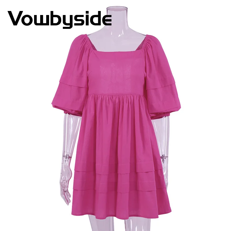 

Women's Sexy Cotton and Linen Backless Square Neck Mini Skirt Puff Sleeve Loose French Dress
