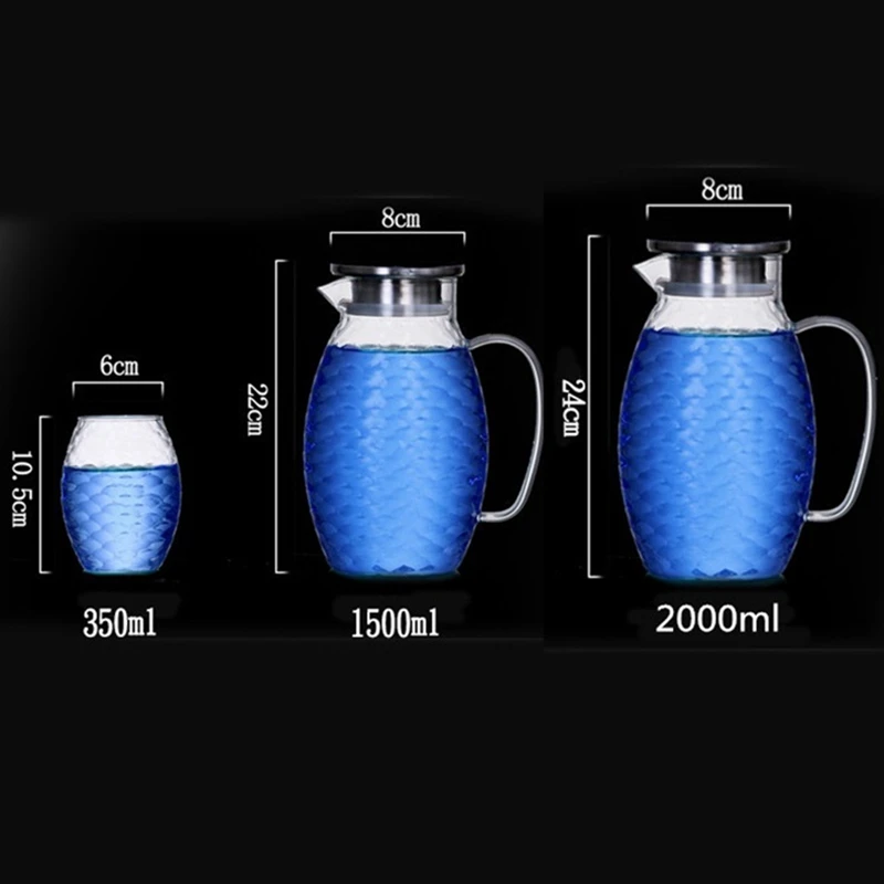 

1.5L/2L Fish Scale Shape Glass Water Jug Set Cha Tea Pot Pitcher Champagne Cocktail Jug And Cup Lemonade Fruit Juice Drinkware