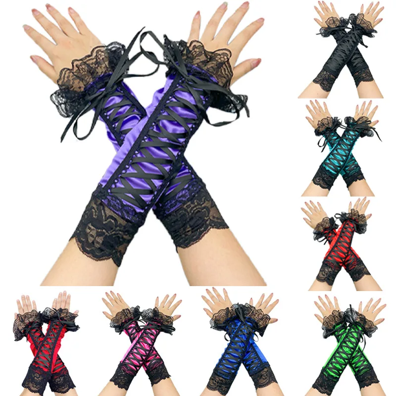 

Women Sexy Lace Long Gloves Elbow Length Half-finger Gloves Ribbon Fingerless Fishnet Mesh Etiquette Party Goth Halloween Mitten