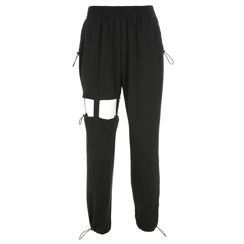 Женские прямые брюки карандаш с вырезами черные высокой талией и эластичным