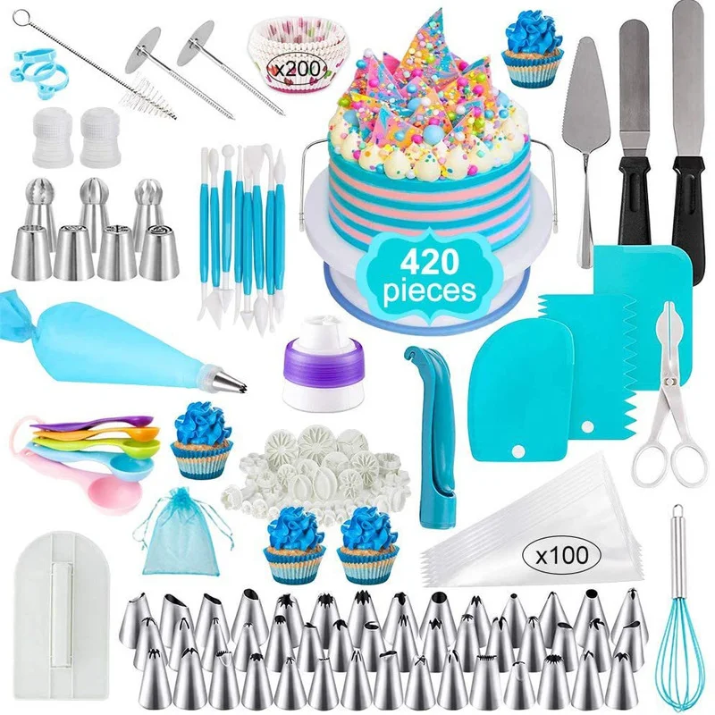 420Pcs Cake Decorating Tools Set Russian Decorated Paper Cup Nozzle Pastry Bag Spatula Carved Pen Fondant Tool Measuring Spoon | Дом и сад