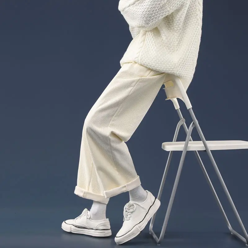 

2021 Men's Corduroy Fabric Cargo Baggy Straight Pants Thicken Casual Pants Streetwear Beige/black Color Fashion Trousers S-2XL