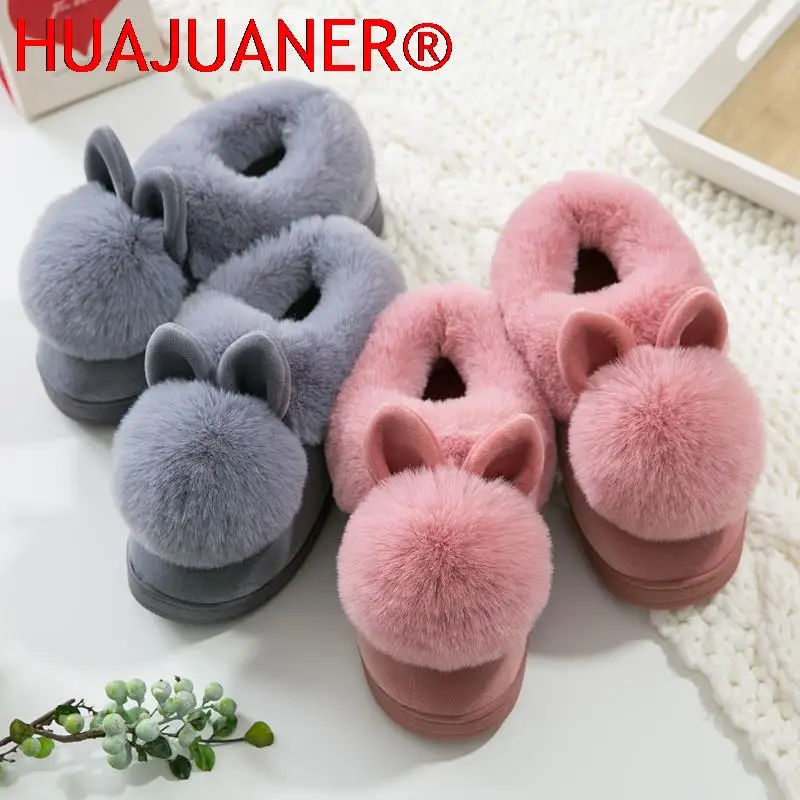 

Autumn Winter Cotton Slippers Fur Rabbit Home Warm Thick Bottom Indoor Cotton Shoes Womens Slippers Cute Fluffy Cat Slippers