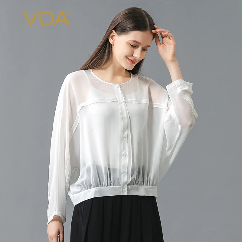 

VOA шелковые Жоржет сексуальные полупрозрачные белые женские топы однобортные женские рубашки с рукавом «летучая мышь» офисные женские блузки WE111