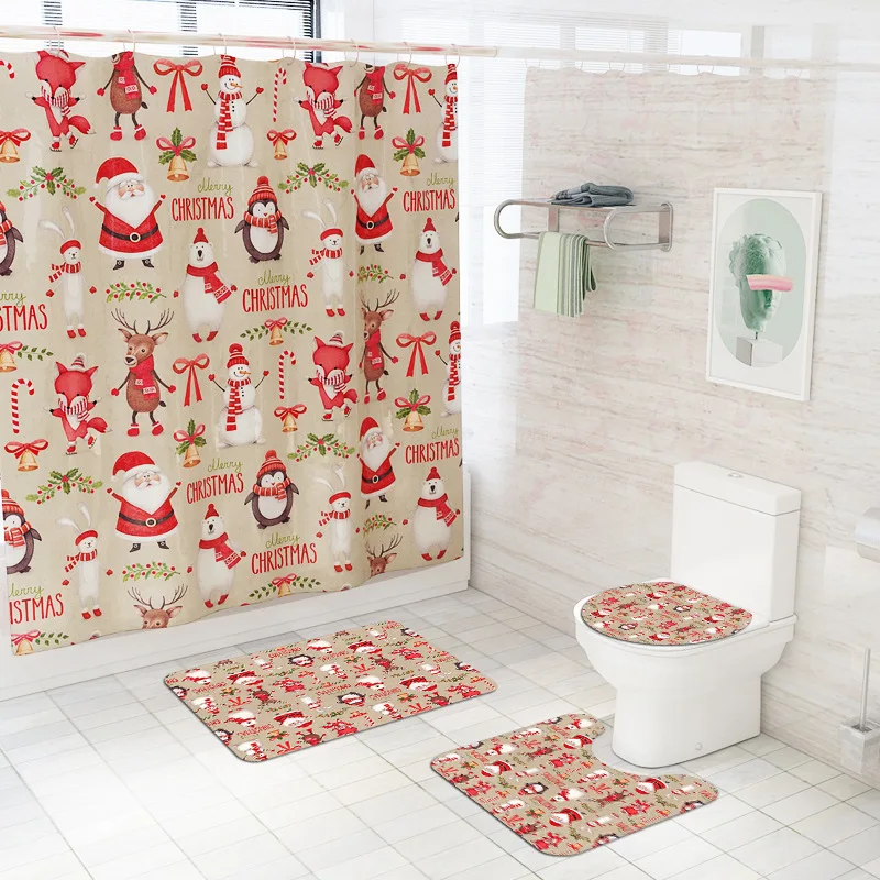

Рождественский набор для ванны, мультяшный чехол для сиденья унитаза, набор аксессуаров для ванной, занавеска для ванной, нескользящий Набо...