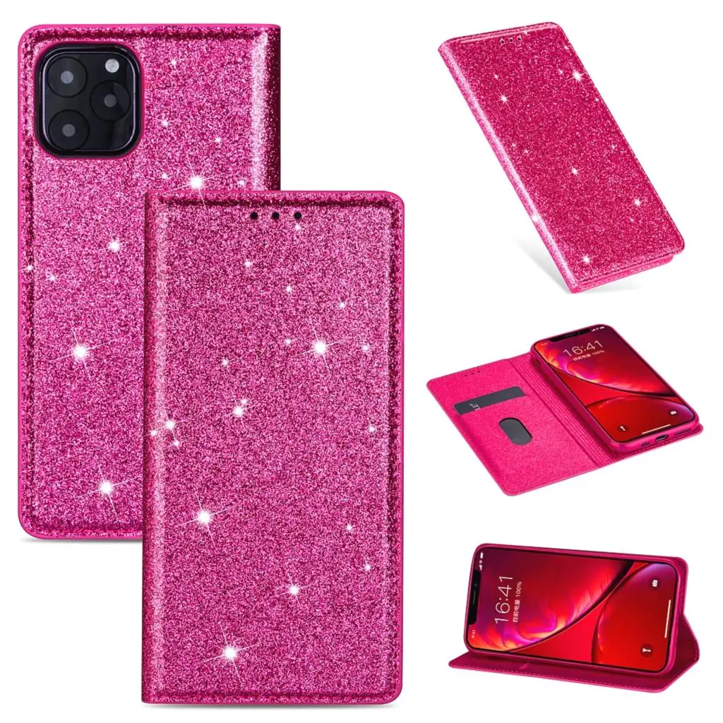 Кожаный флип чехол Magetic с блестками для iPhone 6 6s 7 8 Plus X 10 11 Pro Max Book чехлы бумажники XS XR