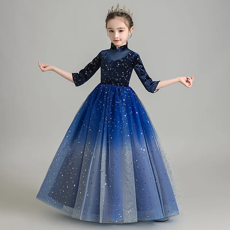 Осенне-зимнее детское вечернее платье принцессы с цветами для девочек из