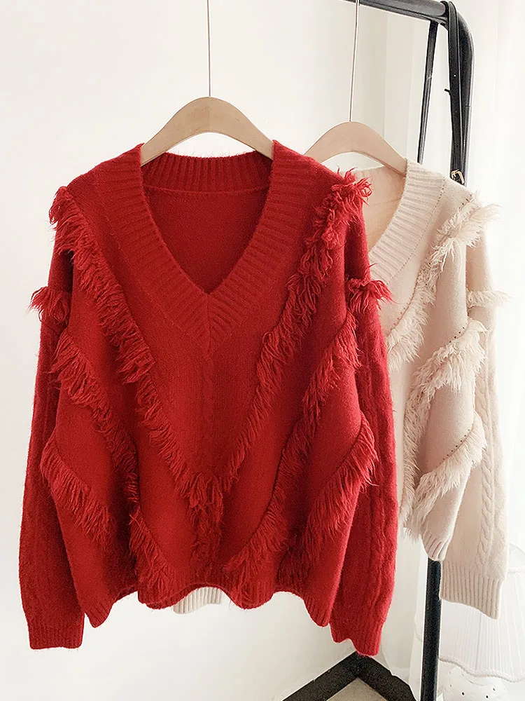 2019 Autumn Winter Women Sweater New Year V Neck Tassel Loose Knitted Pullover Oversized | Женская одежда