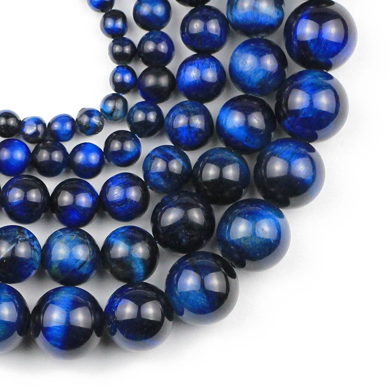 Круглые бусины из натурального камня темно-синего Тигрового Глаза для