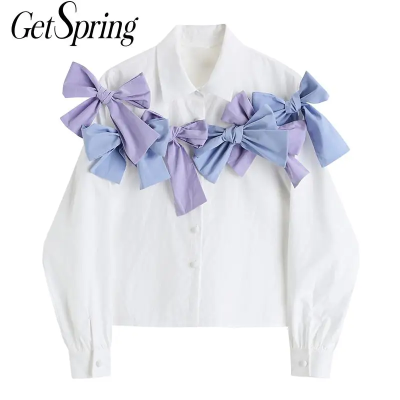 

Getspring женская блузка рубашка с бантом в стиле пэчворк подходящая цветная белая блузка с длинным рукавом Повседневная короткая женская руба...