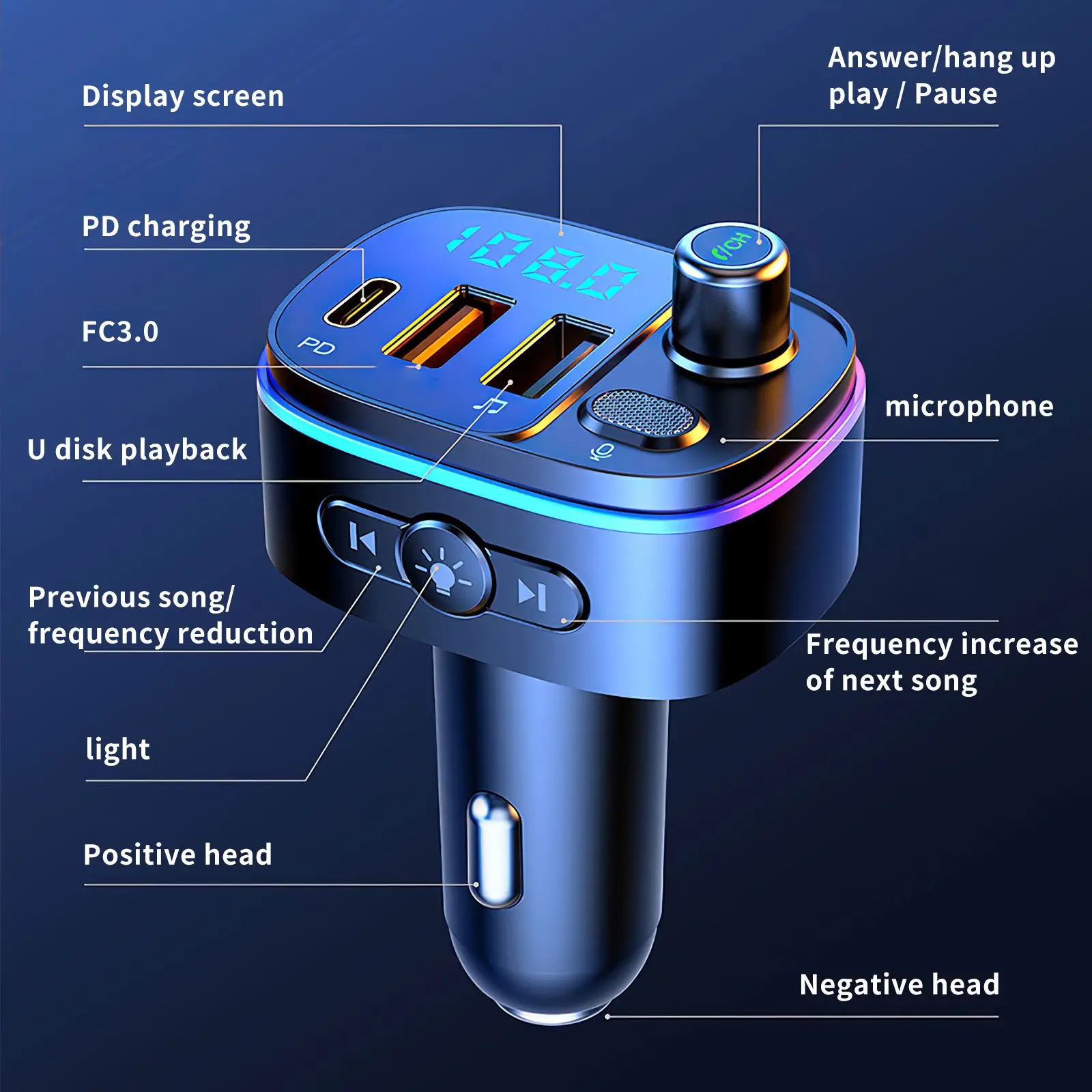 Автомобильный адаптер для быстрой зарядки с 3 портами питания 20 Гц-15 кГц |