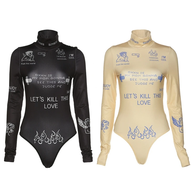 Женское боди с длинным рукавом высоким воротником и принтом в виде граффити| |