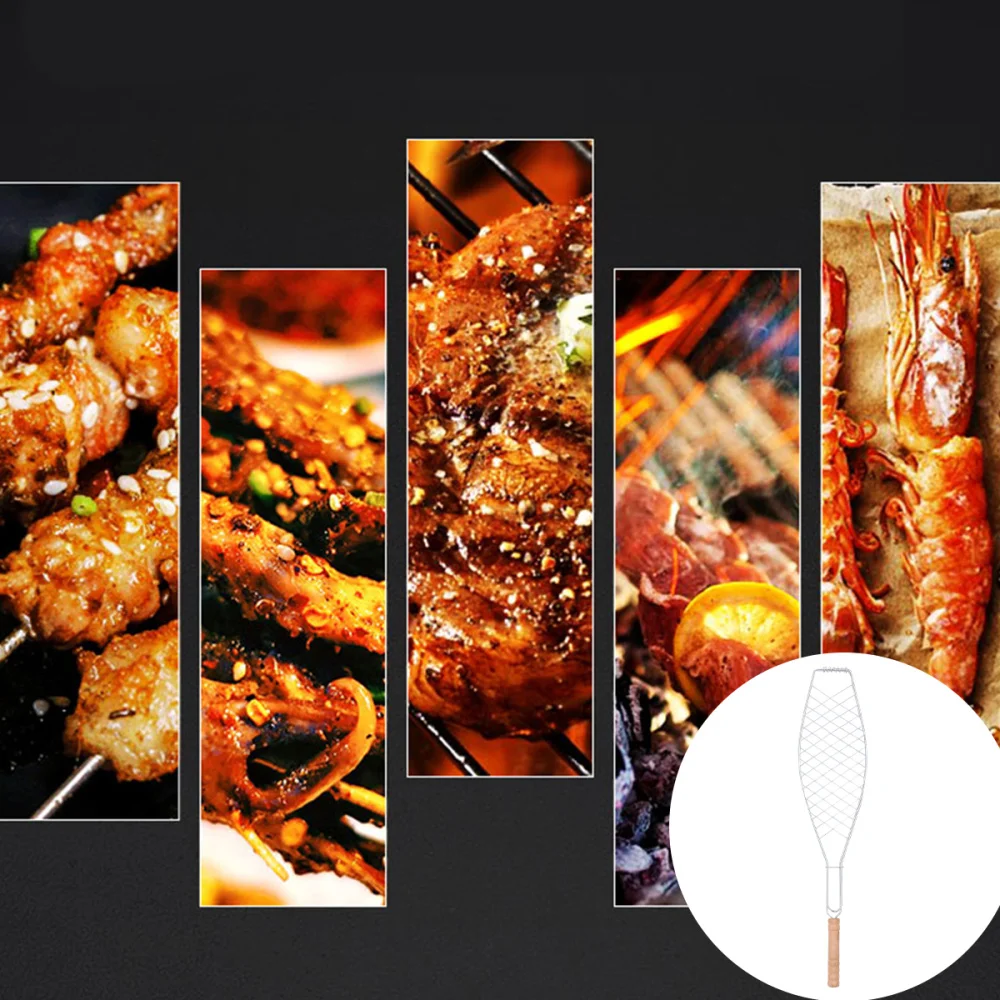 

2 Pcs Metal Non-stick Mesh Clip Wooden Handle Grilled Fish Barbecue Clip BBQ Net Outdoor Barbecue Tool for Camping Picnic (Handl