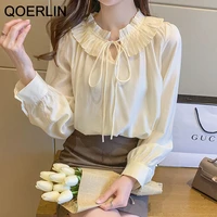 qoerlin elegant korean long sleeve shirt pleated collar female white blouse lace up casual tops apricot women clothing