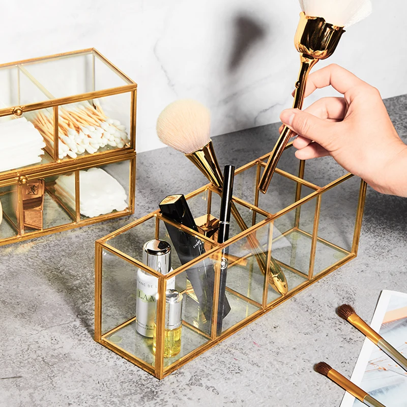 

Luxury Clear Glass Makeup Box Cosmetic Storage Box Makeup Brushes Organizer Pencil Lipstick Holder Makeup Tools Organizer Case