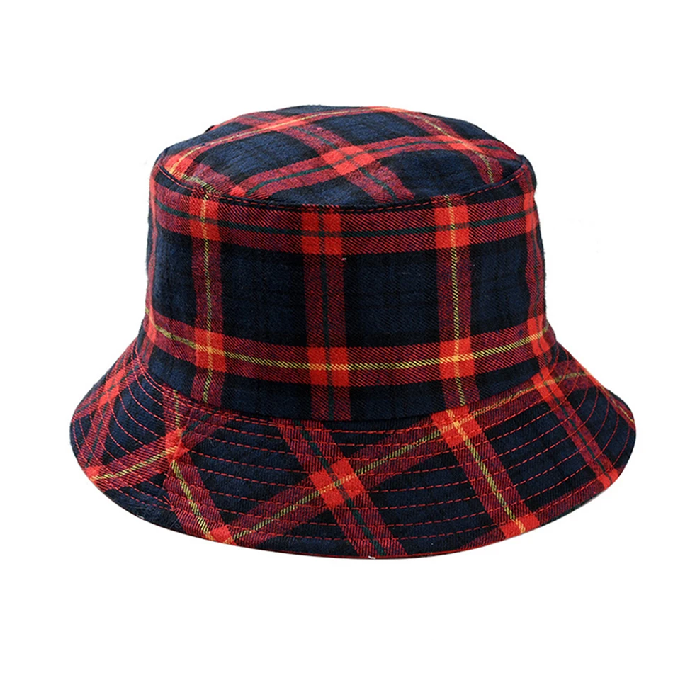 Red BUTTERMERE Reversible Bucket Hat Women Yellow Plaid Folding Fishing Hat Men Cotton Casual Female Colored Spring Male Bob Hats - Цвет: Red