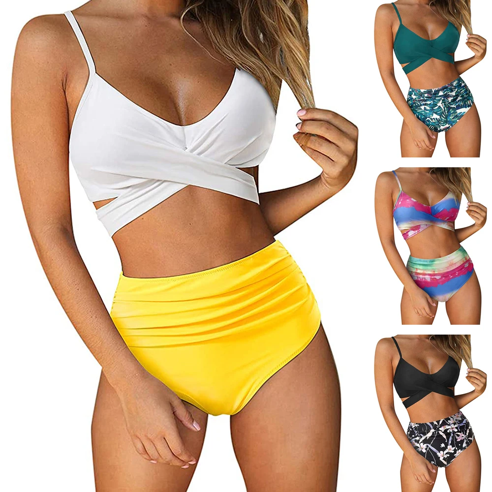 

Women High Waist Swimwear 2 Pieces Bikini Set Ruched Full Coverage Bottom Bathing Suit Summer Beach Pool Criss Cross Swimsuit