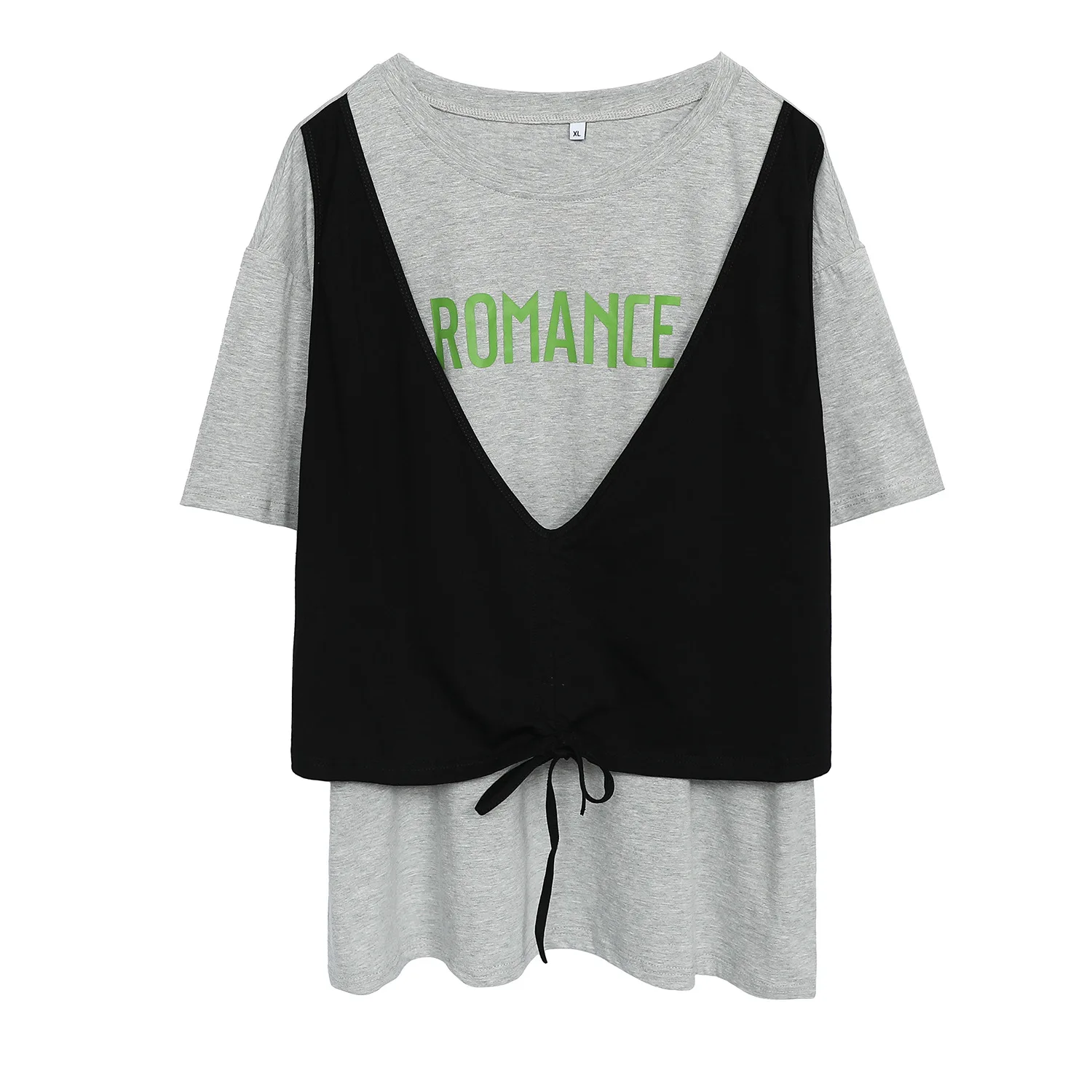 

2021 summer new plus size women's fat mm temperament all-match printing drawstring stitching fake two t-shirts