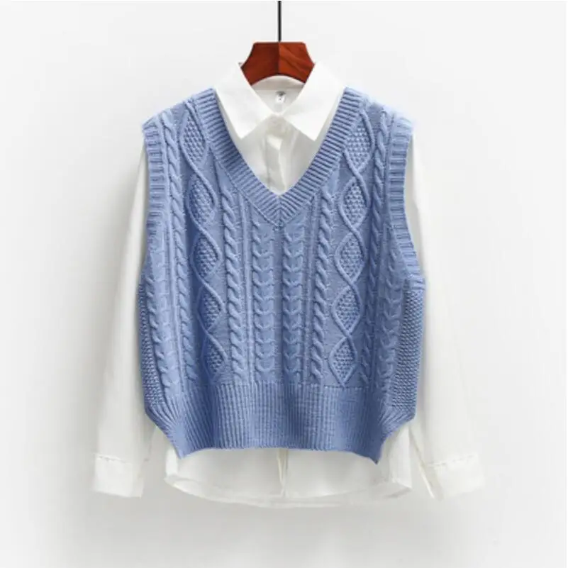 

2021 Autumn Women Short Loose Knitted Sweater Sleeveless Women Solid Vest Ladies V-Neck Pullover Tops Female Waistcoat Outerwear