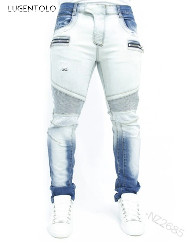 

Jeans Tight Autumn Winter Zipper Casual Slim Youth Mid Waist Pocket Wash Men's Pencil Jeans Lugentolo