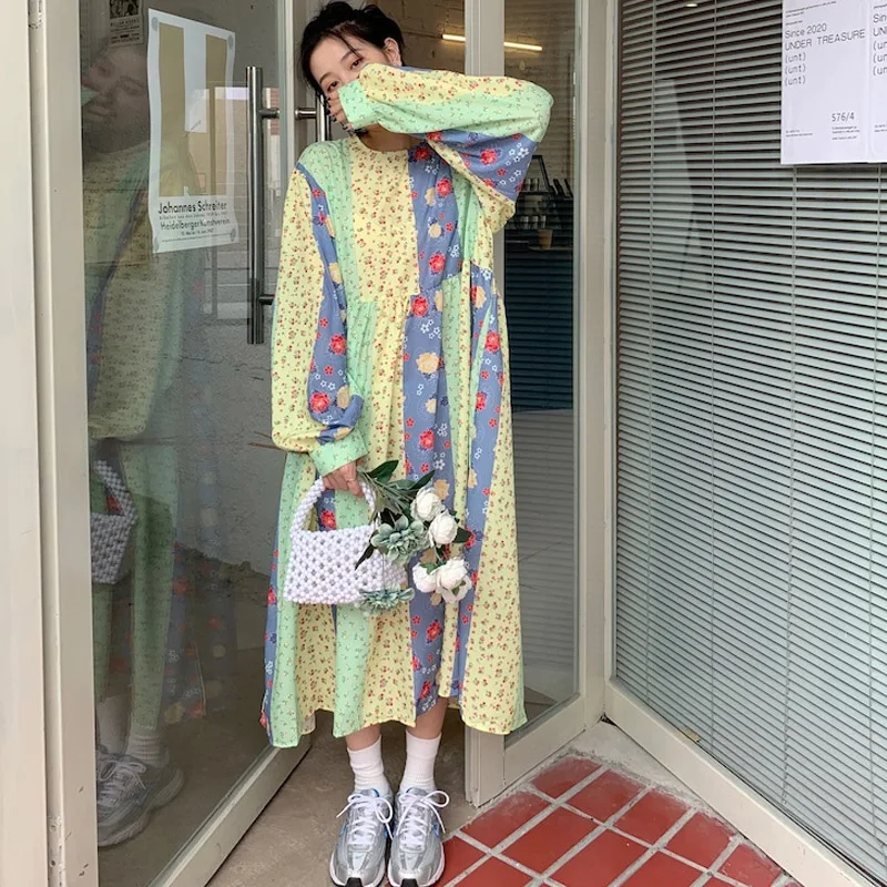 

Women Floral Print Loose A-Line Dress New Lantern Sleeve O-Neck Loose Leg-length Dress Korean Style Summer Spring Casual Vestido