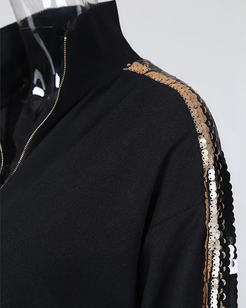 Женское длинное пальто на молнии с блестками и воротником стойкой|Женские