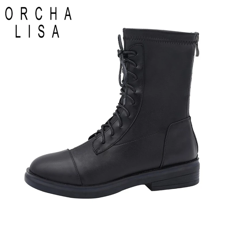 

ORCHA LISA Autumn Motorcycle Mid-Calf boots Round toe Square heel Genuine Leather Cross-tied Zip Big size 34-40 Black Club C1985