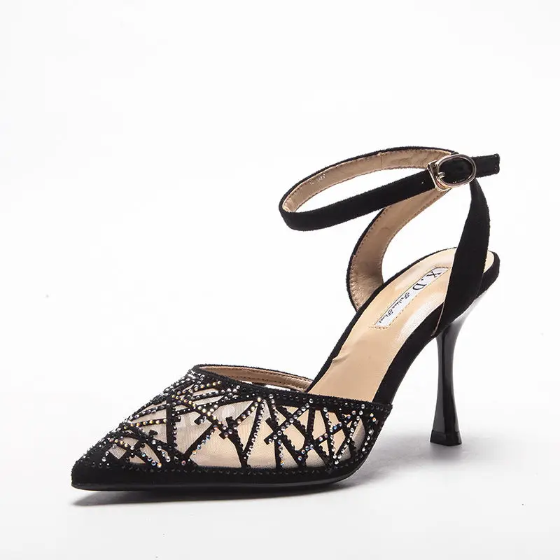 

NEW Close toes High Heeled Sandals Woman Fashion Sexy Summer Heels Women Rhinestone Mesh Shoes Ankle Buckle Strap BLACK
