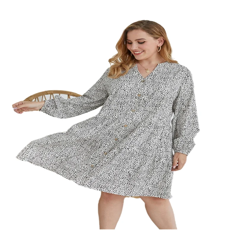 

Women's Plus Size Fashion Dress 2021 New Spring And Autumn V-Neck Lantern Sleeve Floral Dresses For Ladies White Printed