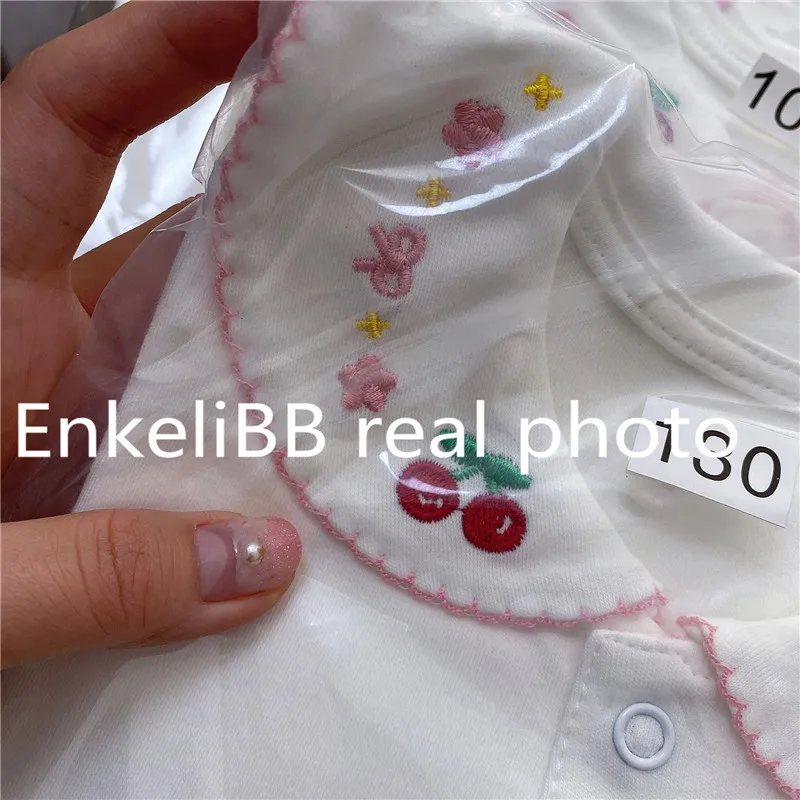 EnkeliBB/белая блузка с длинными рукавами в Стиле Лолита для маленьких девочек; базовые Топы с вышивкой клубники и вишни; качественные белые блузки для маленьких девочек