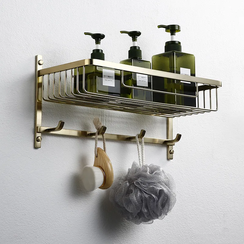 

Bathroom Shelf 304 Stainless Steel Gold Corner Shelf Cosmetic Rack With Hooks Bath Hardware Bathroom Accessories Wall Mounted