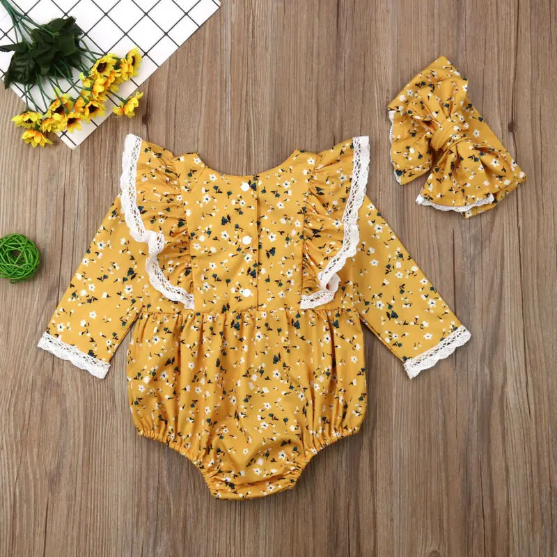 Body para ni&ntilde;a reci&eacute;n nacida, mono de manga larga con flores, Mono Blanco de encaje lateral, conjunto de ropa de 0-24 meses-0