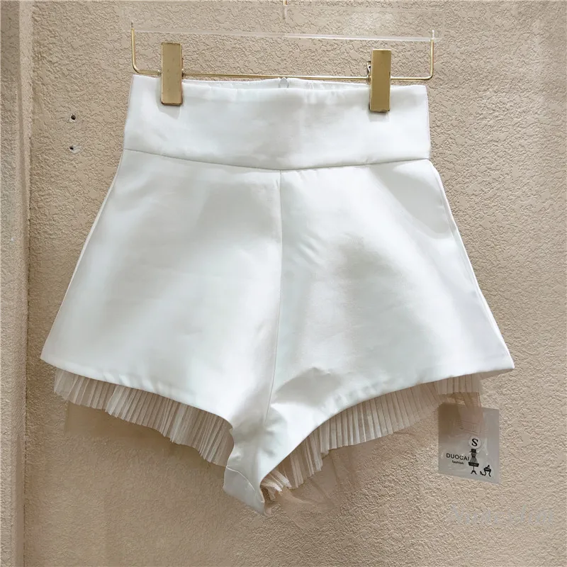 High Waist Satin Mesh Stitching Shorts Woman 2021 Summer Slim Fit Wide Leg All-Matching White Black Short Femme Nancylim