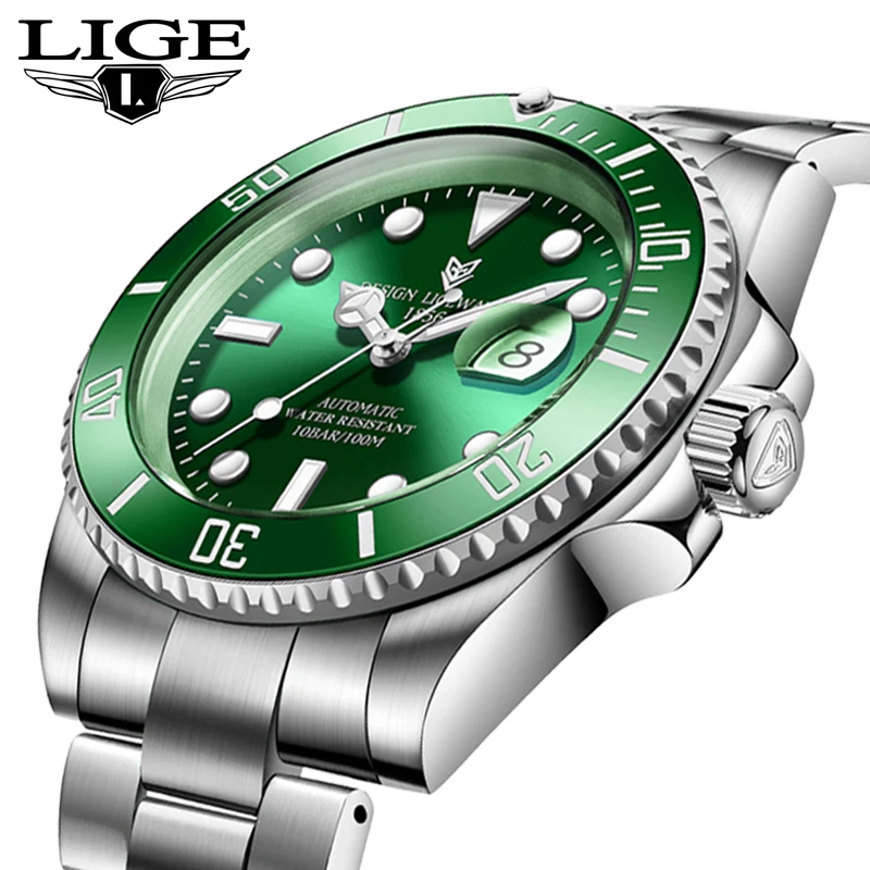 

LIGE Green Water Ghost Series Brand High-end luxury Watches Automatic Watch Men All Steel Waterproof Business Mechanical Watch